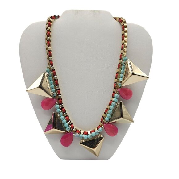 Zoë + Syd Gold Triangle Statement Necklace With Pink & Turquoise Beads - Picture 1 of 10